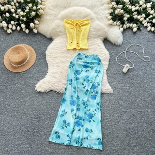 🧡Basic swimsuit💛 สไตล์เกาหลี ชุดชายหาด เสื้อเกาะอก + กระโปรงยาว ลายดอกไม้ จับคู่ได้หลากหลาย หรูหราและเซ็กซี่