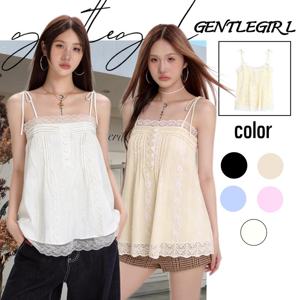 #GG🎀เสื้อสายเดี่ยว ยางยืด ลูกบานกระดุมหัวใจ งานลูกไม้เลส ผ้าปั้มนูนลายดอก น่ารัก สไตล์เกาหลี แฟชั่นสุดฮิต