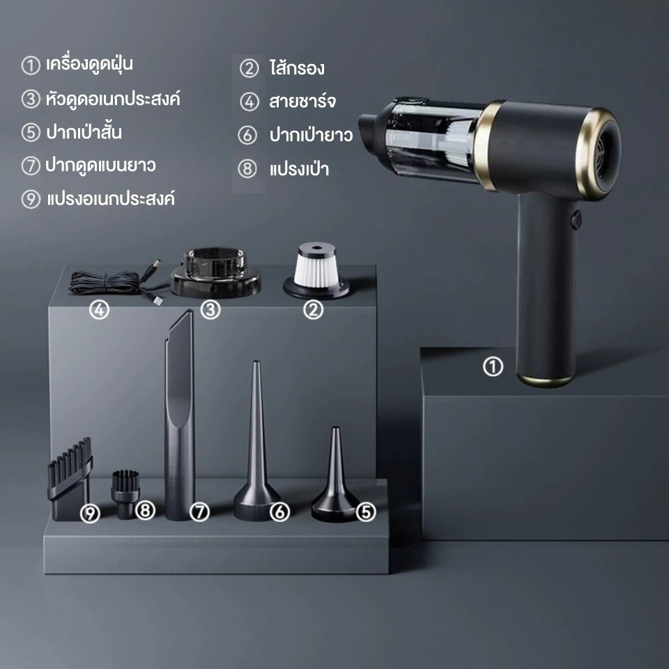 เครื่องดูดฝุ่นในรถ 5-in-1 ดูด/เป่า/ปั๊ม/พองลม 98000PA พลังดูดซุปเปอร์ ไร้สา รับประกันตลอดชีวิต