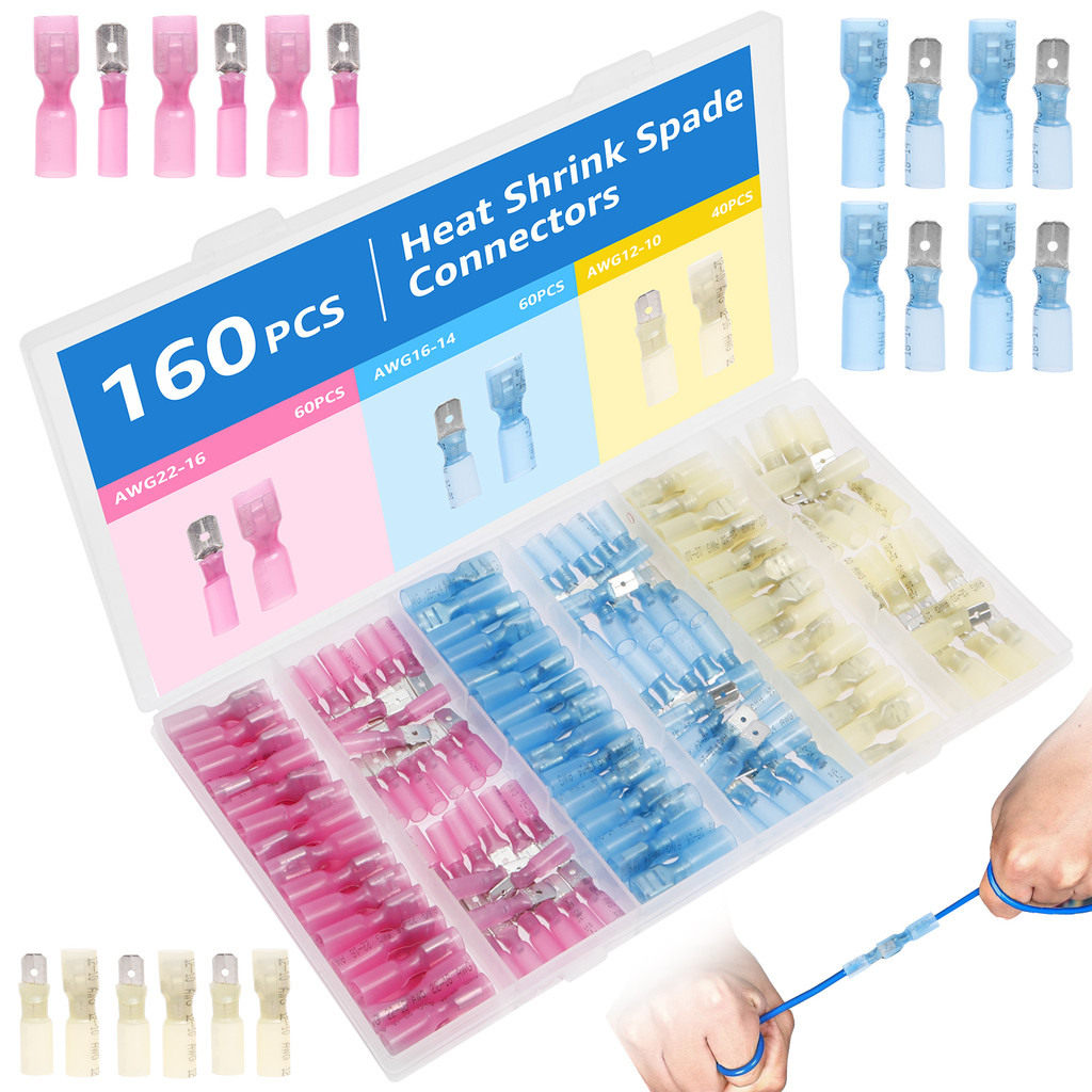 160PCS Quick Disconnect Spade Terminal ความร้อนหด Spade สายไฟ AWG 22-10 หญิงชายสําหรับรถยนต์เรือรถจั