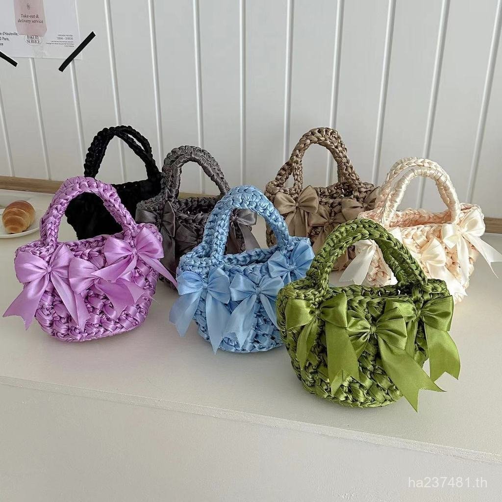ใหม่ Dopamine Hand Bag ตะกร้าผัก Bow Spring Summer Handmade Design Niche 2025 กระเป๋าทอมือ PB0J