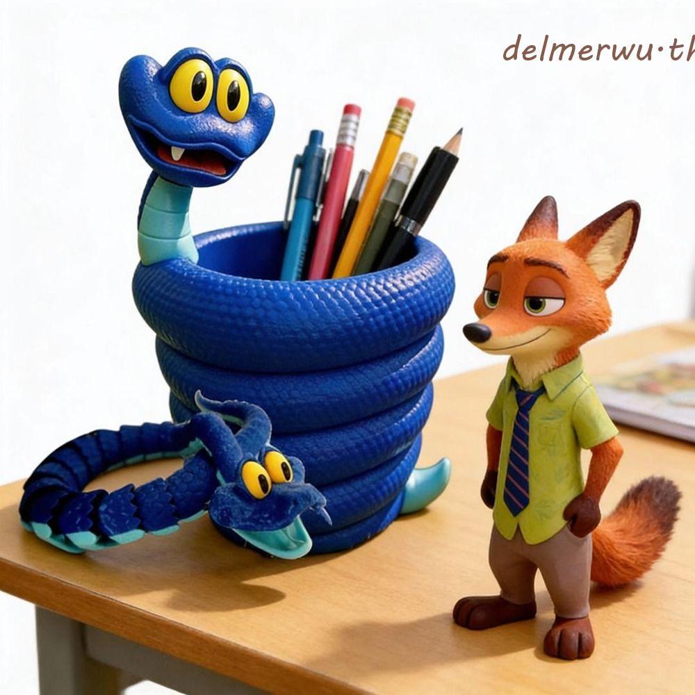 DELMERWU Snake Gary Storage Case, 3D พิมพ์การ์ตูน Zootopia ที่ใส่ปากกา, องค์กรสํานักงานสมจริงสีฟ้าข้