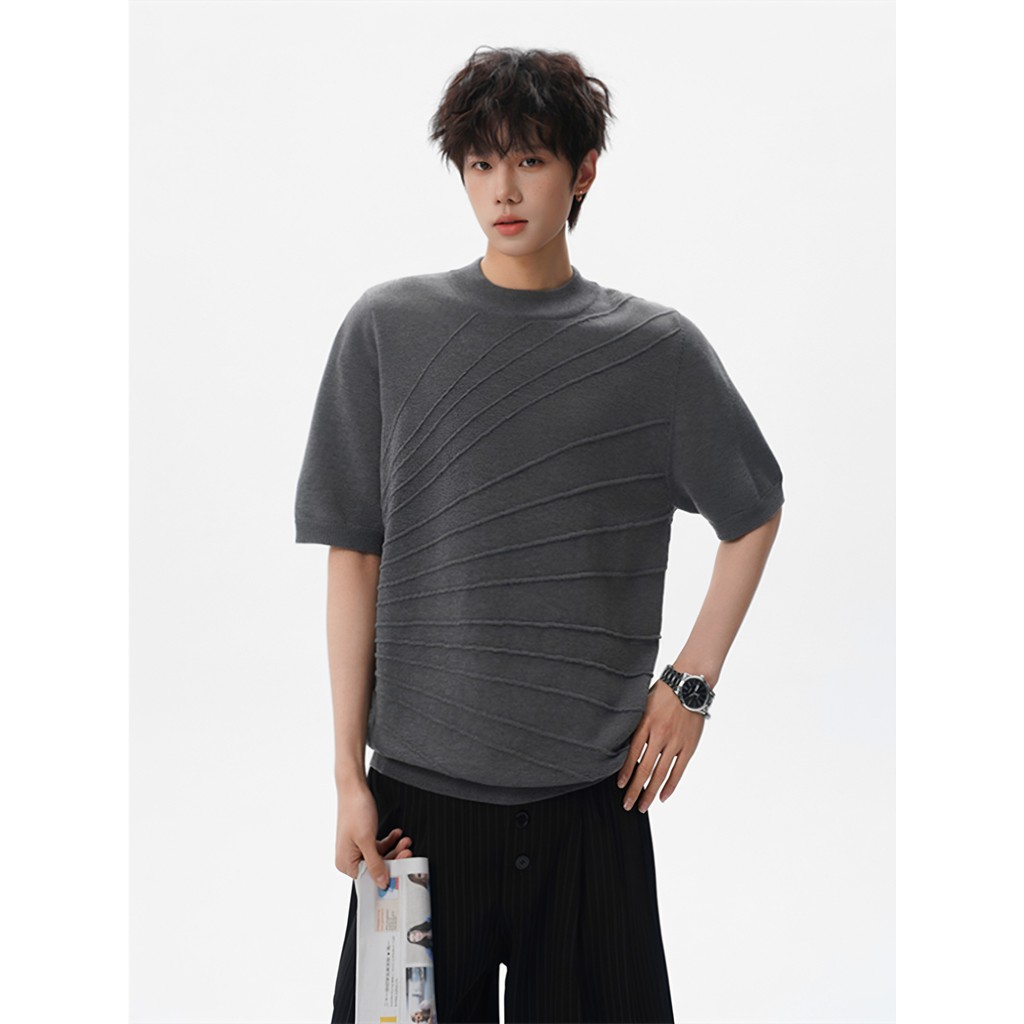American Retro Loose-Line Sculpture Jacquard คอสั้นแขนเสื้อผู้ชายผู้หญิงฤดูร้อน Breathable All-Match