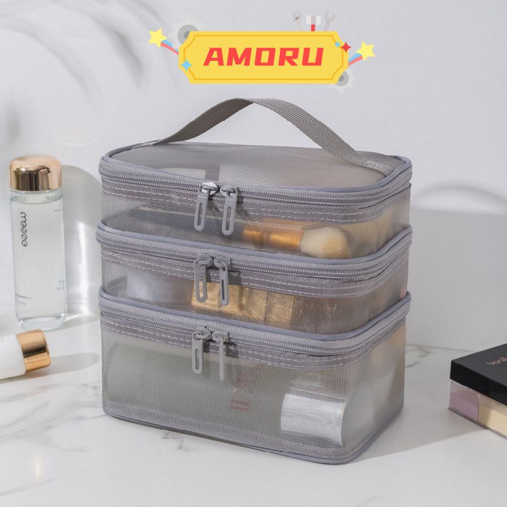 AMOR12U7 Make Up Organizer Bag,ขนาดใหญ่ความจุ 1/2/3 ชั้นกระเป๋าเครื่องสําอาง,แบบพกพาตาข่ายโปร่งใสแต่งหน้าผู้หญิง