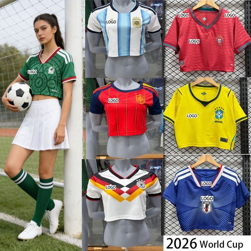 2026 ฟุตบอลโลกทีมชาติเสื้อฟุตบอลเสื้อยืดสะดือสัมผัสพัดลมฟุตบอลเชียร์ลีดเดอร์ฤดูร้อนเซ็กซี่ย์เสื้อผ้าผู้หญิง [ล.จ