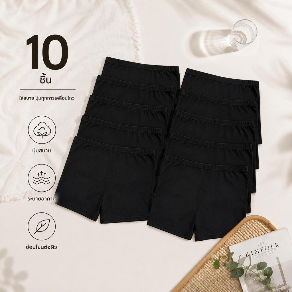 กางเกงซับในผู้หญิง 10ตัว สีดำล้วน ผ้านิ่มใส่สบาย ระบายอากาศดี ไม่รัดต้นขา กันโป๊ ใส่ได้ทุกวัน กางเกงขาสั้นซับใน 6601#
