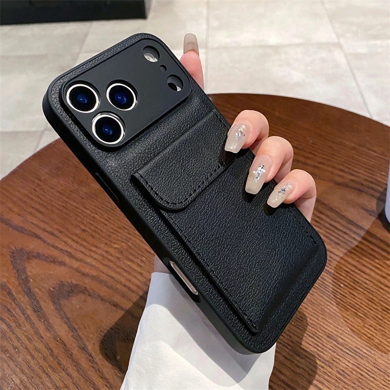 ผู้ถือบัตรลิ้นจี่แบบหนังเคสโทรศัพท์สําหรับiPhone 17 Pro Max 16 15 14 Pro Max 17 Air 11 12 13 Pro Max 16 Pro Max 14 15 16 Plusกันกระแทกกระเป๋าเคสแข็ง