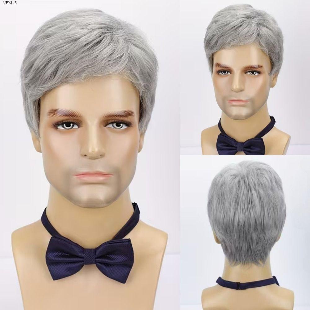 Vxus แฟชั่นผู้ชายผมสั้น,คอสเพลย์ทนความร้อนผู้ชายวิกผมสังเคราะห์,เต็มหัวสมจริงสีเทาและสีขาวธรรมชาติสั