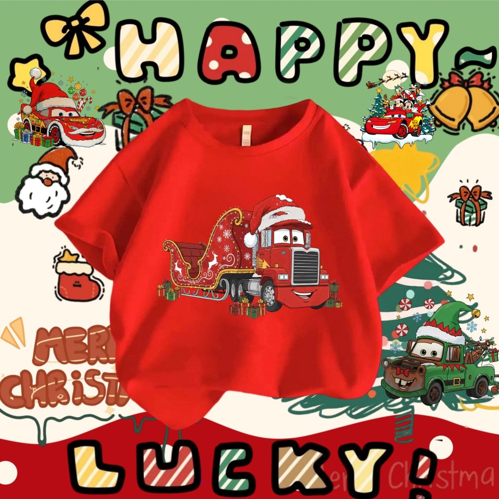 เสื้อยืดรถคริสต์มาส ชุดคู่ Lightning McQueen และ Mater ธีมคริสต์มาส McQueen 100-5XL 17