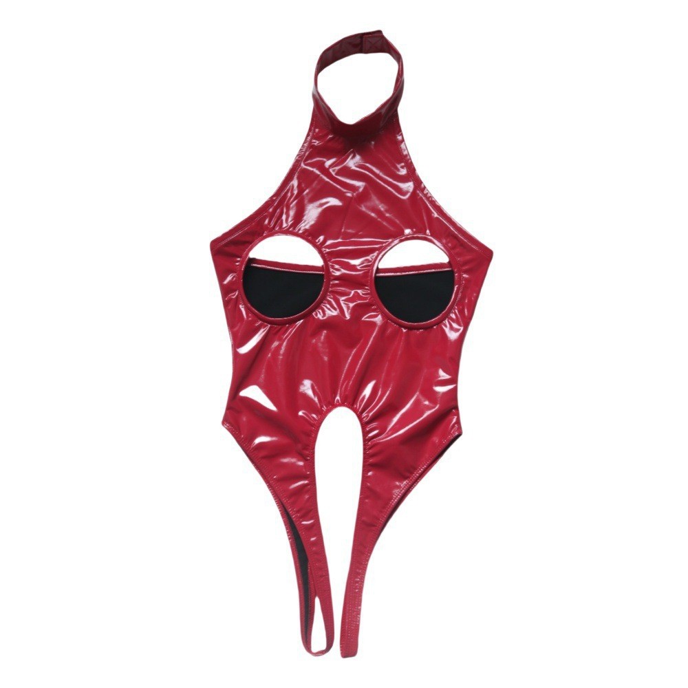 จัดหาชุดบอดี้สูทผู้ใหญ่ PVC เปิด Crotch MGB70 Halter คอ PU หนังสดใสเซ็กซี่ Breastless ชุดบอดี้สูท
