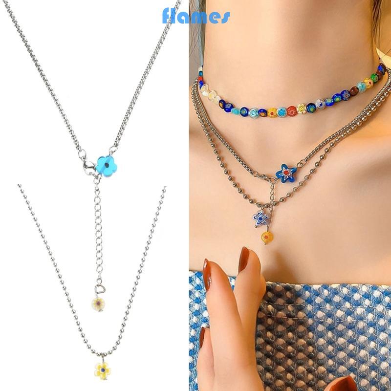 FL จี้แฟชั่น Neckchain ดอกไม้แก้วลูกปัดสร้อยคอความงาม Y2K เครื่องประดับคอ