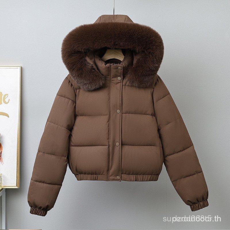 เสื้อแจ็คเก็ตผ้าฝ้ายแบบสั้นสําหรับผู้หญิงการออกแบบฤดูหนาวมีฮู้ดด้วยขนแกะเทียม ต่ํา - รูปที่ 7