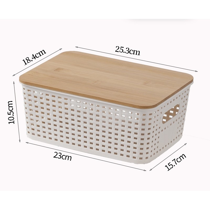 ตะกร้าพลาสติกมีรู+ฝาไม้ไผ่ กล่องเก็บของฝาไม้ มินิมอล ซ้อนเก็บได้ จัดบ้านให้เป็นระเบียบ กล่องเก็บของพลาสติกสาน - รูปที่ 7