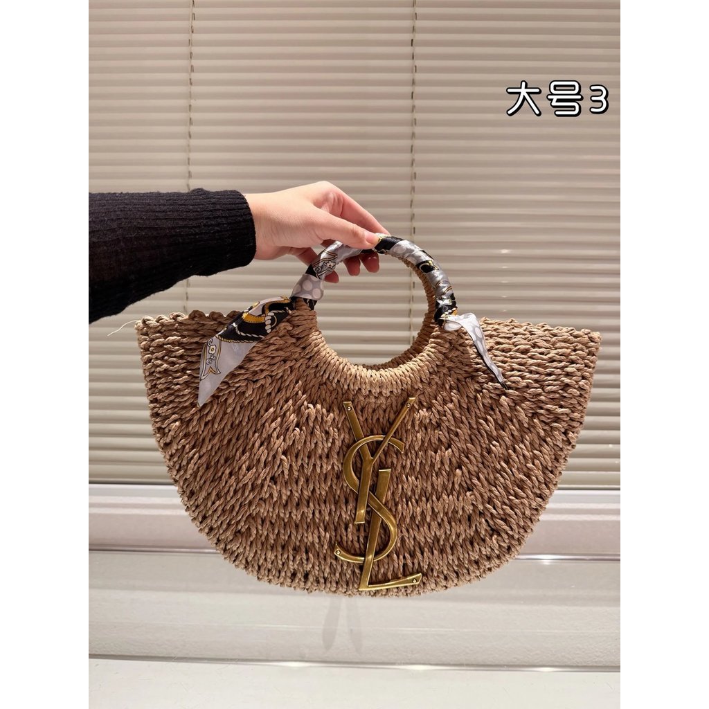 พี140/พี150/พี155 ใช่ กระเป๋าสานฟางสไตล์ใหม่นี้ตะกร้าผักพิมพ์โลโก้กระเป๋าถือและสายสะพายหนังและฟางรวม