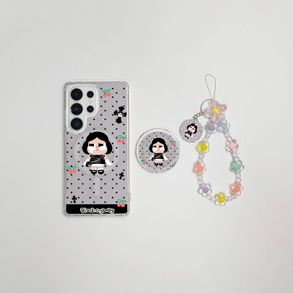 สําหรับเคส Samsung S26/S25/S24/S23/S22/A56 ลายการ์ตูนน่ารัก ลายจุด สีดํา ฝาแม่เหล็ก แข็ง รองรับ S25 FE/S24 FE/Plus/Ultra