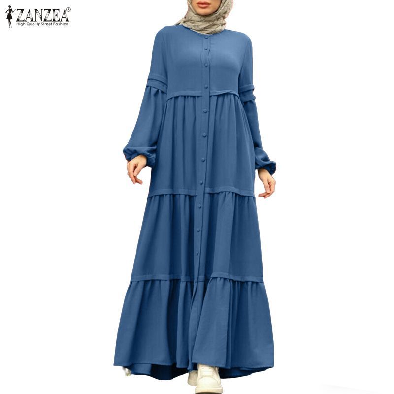 ZANZEA ผู้หญิงมุสลิม Elegant Modes ลูกเรือคอโคมไฟแขน Tiered Ruffles Maxi A-Line Dresses