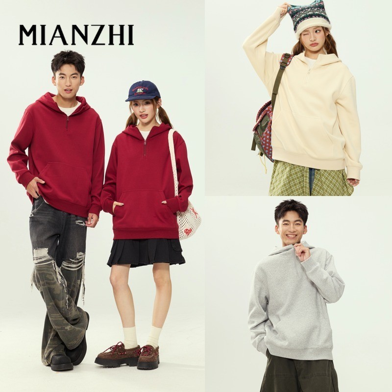 MIANZHI เสื้อฮู้ดครึ่งซิปคอตตอนพรีเมียมชาย🌟เส้นใยนุ่มยาวสัมผัสเหมือนเมฆ [M-4XL]