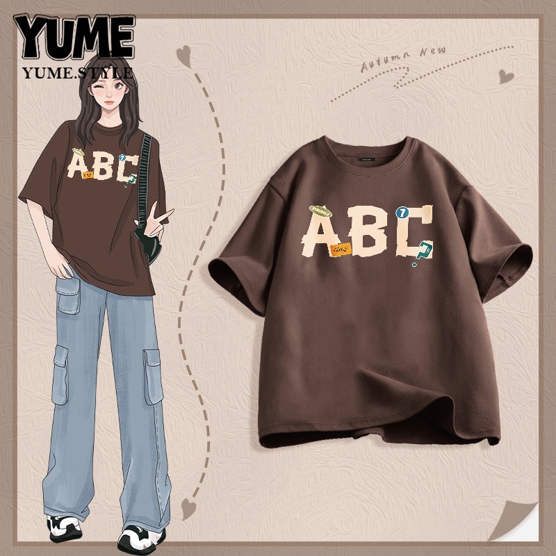 YUME🌸 สื้อยืด oversize เสื้อแฟชั่น เกาหลี โคตรนุ่ม ผ้าคอตตอน ลาย "ABC" สินค้าใหม่ 2025