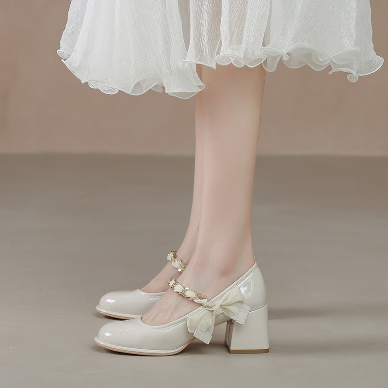 Mary Jane Shoes Fairy Style Lady Gentle Thick Heel All-Match Shallow Mouth High Heel Shoes 6YRM