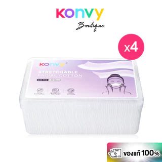 [เซท 4 กล่อง] Konvy Stretchable Facial Cotton คอนวี่ สำลีแผ่นยืดได้ เนื้อนุ่ม อ่อนโยน ใช้ได้งานหลากหลาย 220 แผ่น.