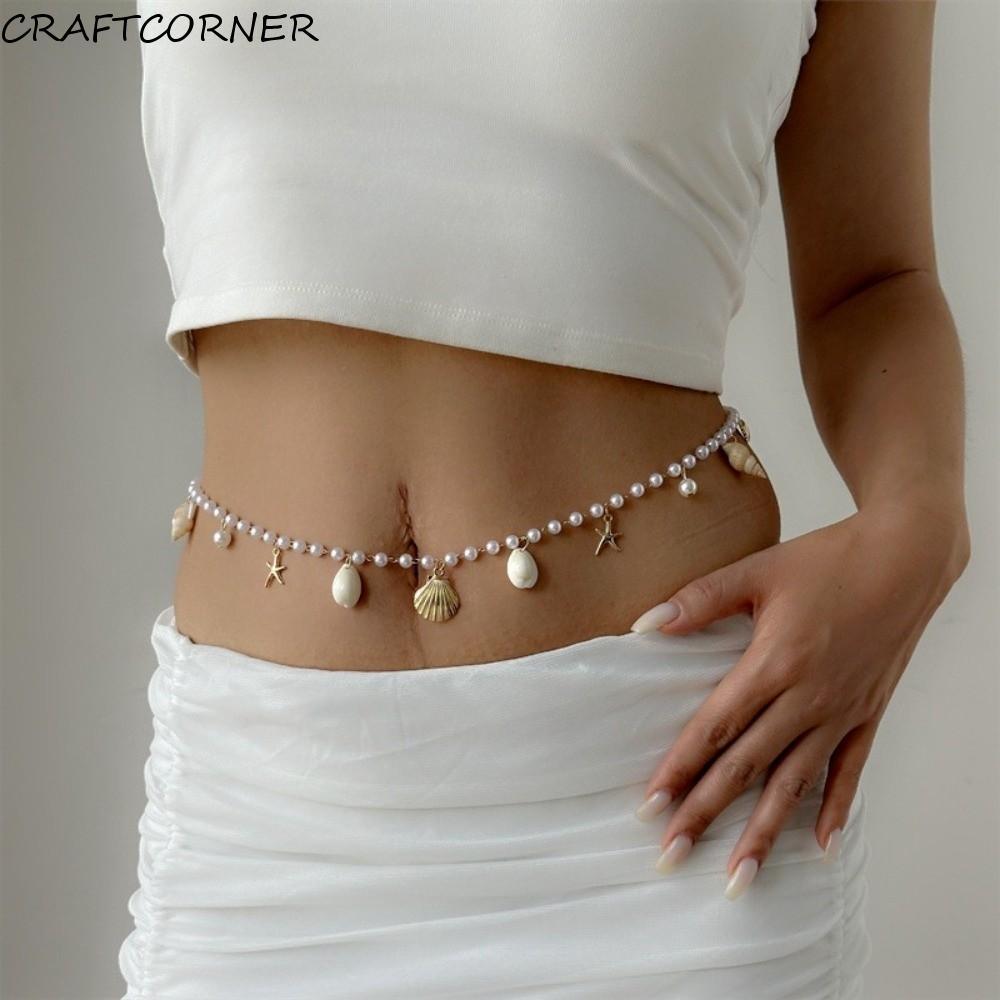 CRAFTCORNER เลียนแบบ Pearl Body Chain,ปรับสังกะสีอัลลอยด์ปลาดาวเอว,Elegant Y2kสไตล์โบฮีเมียนลูกปัด Belly Chainสุภาพสตรี