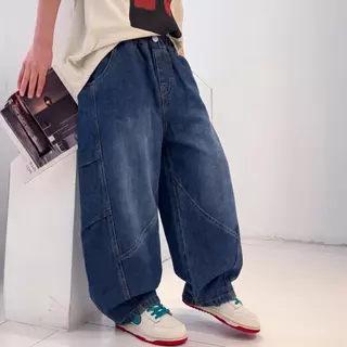 กางเกงยีนส์เด็กชายทรงแบ็กกี้ ขากว้าง ทรงหลวม เท่สายสตรีท Oversize สไตล์เกาหลี กางเกงยีนส์เด็กชายขาบานแนวฮิปฮอป WT12