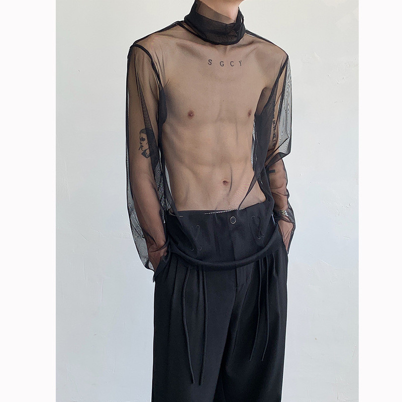 W115 เสื้อยืดแขนยาวคอจําลองผู้ชายธรรมดาสลิมฟิตชุดลําลองทุกวันฤดูร้อนบางด้านบน GB2H
