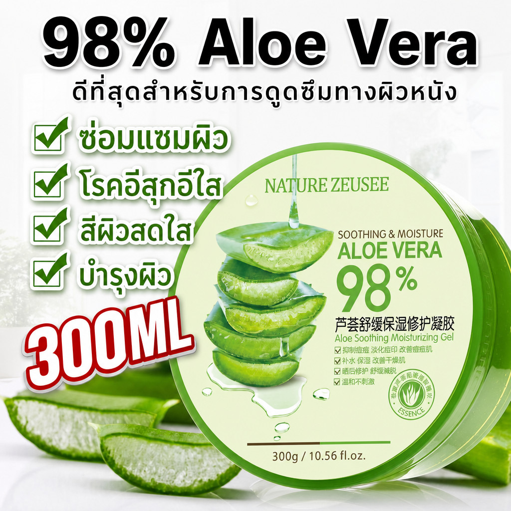 Aloe Vera Gel 98% 300g เจลว่านหางจระเข้ ชุ่มชื้น ซูทติ้ง หลังแดด สำหรับผิวแพ้ง่าย ซึมซาบไว ไม่เหนียว ลดรอยสิว