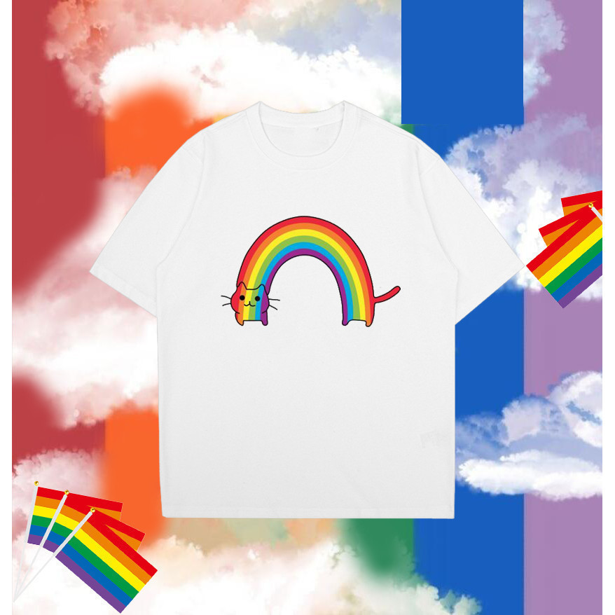 เสื้อยืดคอตตอน Pride Month Rainbow Cat 3 แบบ ลายแมวสายรุ้ง Love is Love 3 สี S-5XL Unisex