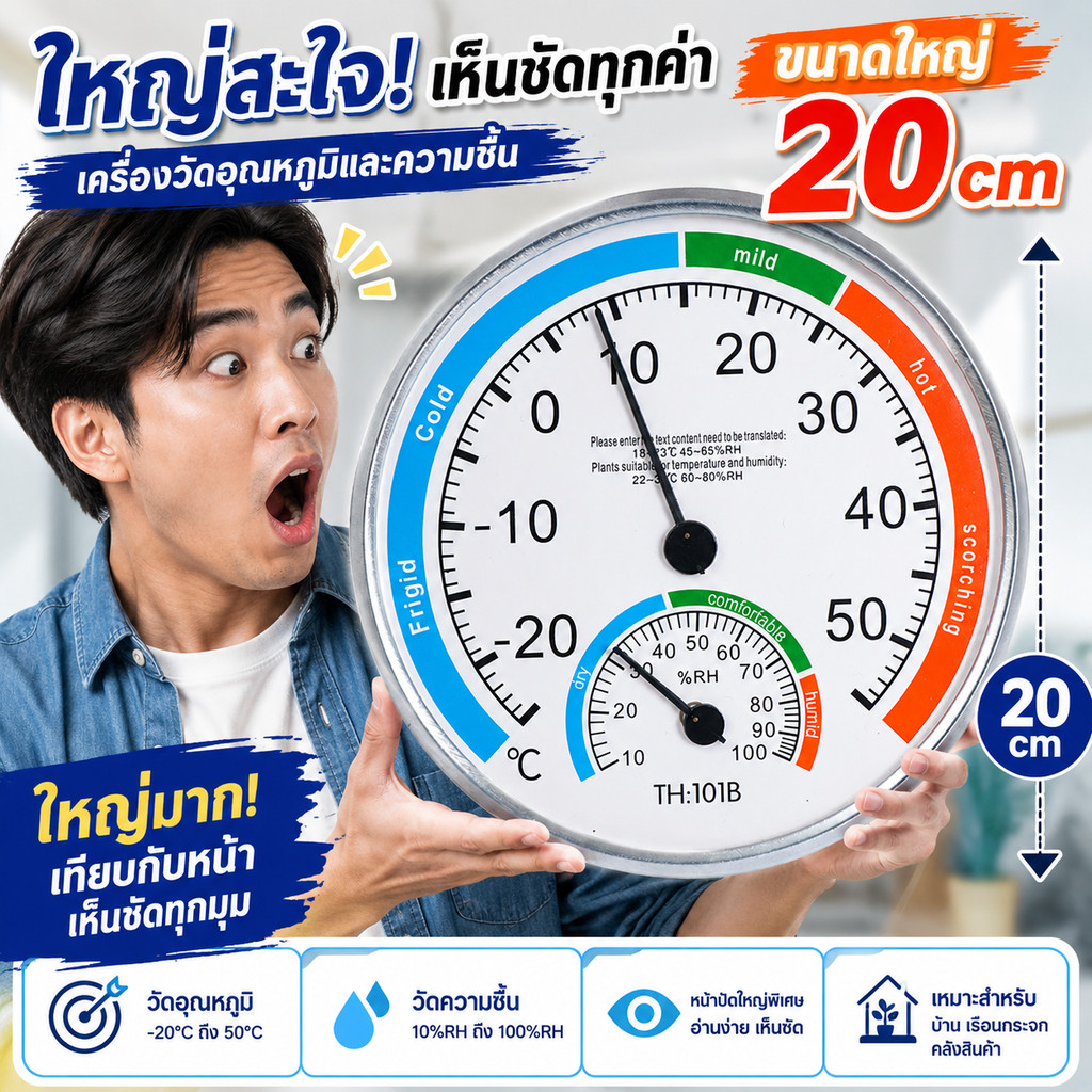 เครื่องวัดอุณหภูมิและความชื้นแบบเข็ม ขนาดใหญ่พิเศษ 20 ซม.