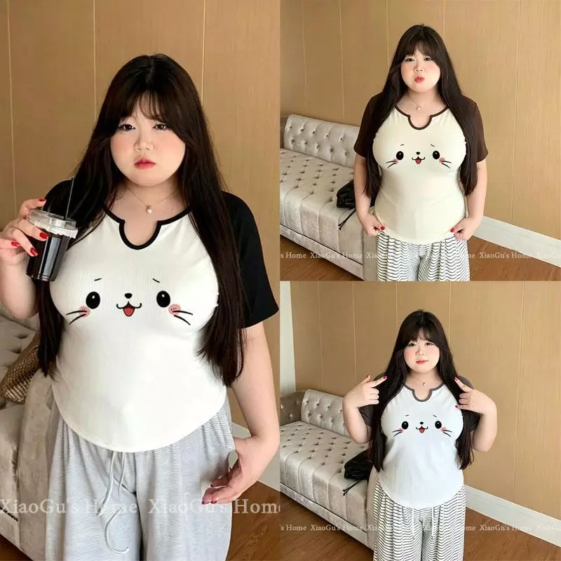 เสื้อยืดโอเวอร์ไซส์ พลัสไซส์(150 กก. ใส่ได้)แขนสั้น สีประกบ แฟชั่น เสื้อสาวอวบไซส์ใหญ่ เสื้อยืดแขนสั้น คอกลม อเนกประสงค์