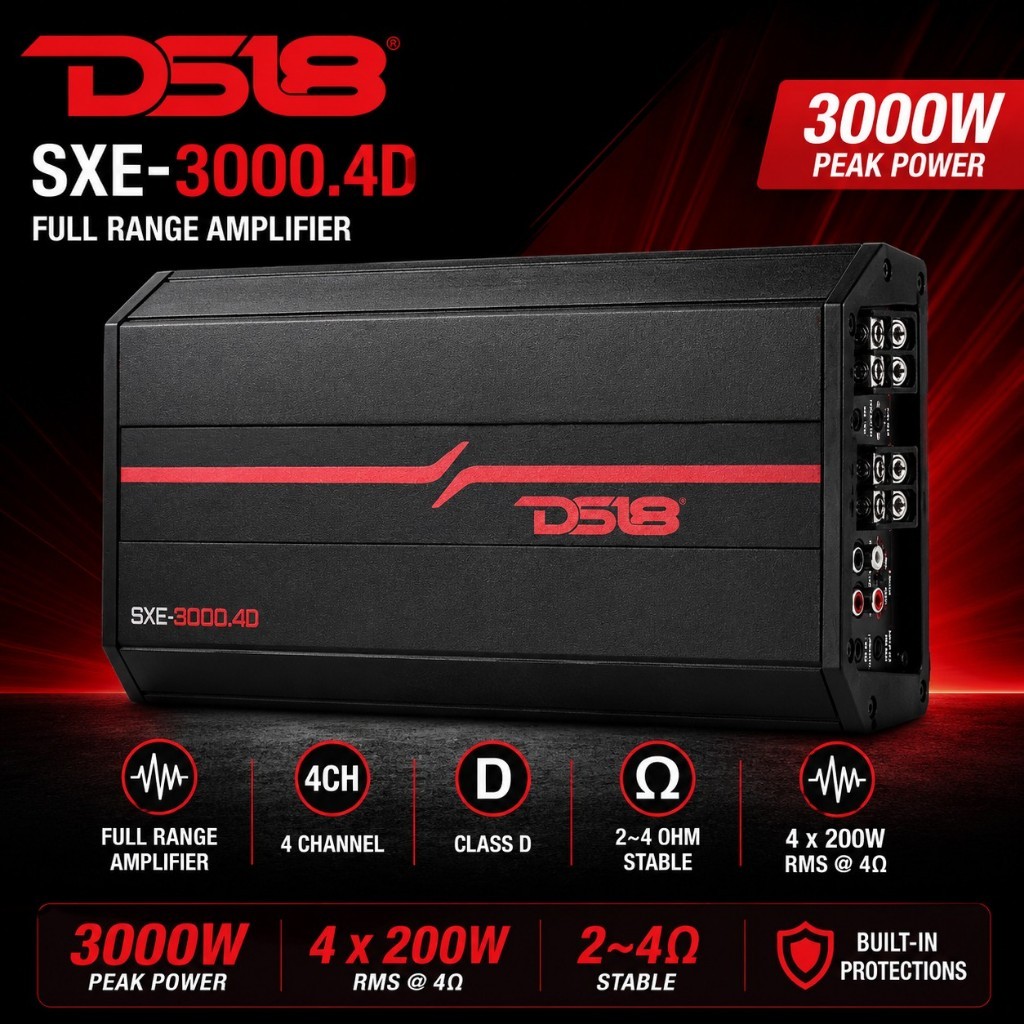 AMP DS18 รุ้น SXE-3000.4D/BK Class D 4-Channel Full-Range Amplifier 4 x 200 RMS @ 4-Ohm 3000 Watt