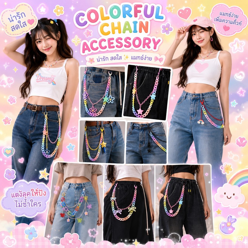 🔹พร้อมส่ง🔹สายคล้องแฟชั่นกางเกง/กระโปรง โซ่พวงกุญแจตุ๊กตาห้อย สีสันน่ารัก สดใส #F24