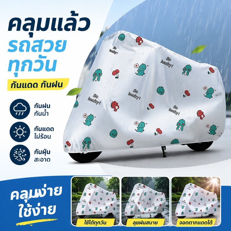 ผ้าคลุมรถมอเตอร์ไซค์ ผ้าคลุมรถไฟฟ้า กันน้ำ กันฝุ่น กันแดด ลายการ์ตูน ผ้าหนา ยางยืด พับเก็บง่าย
