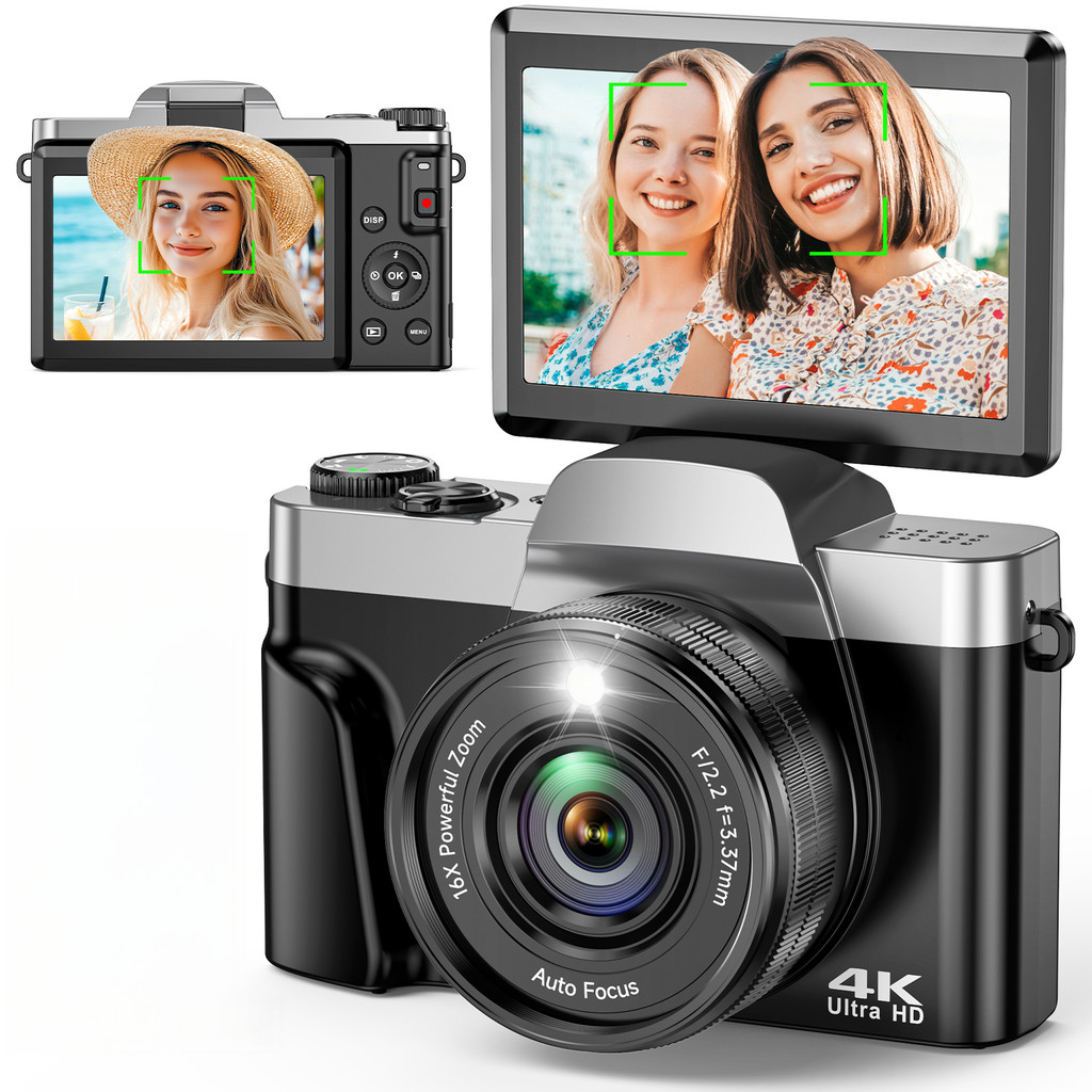 กล้องดิจิตอล 4K พร้อม WiFi,กล้องโฟกัสอัตโนมัติ 64MP, 3 180° Flip Screen 16X Zoom พร้อมการ์ด SD 64GB,