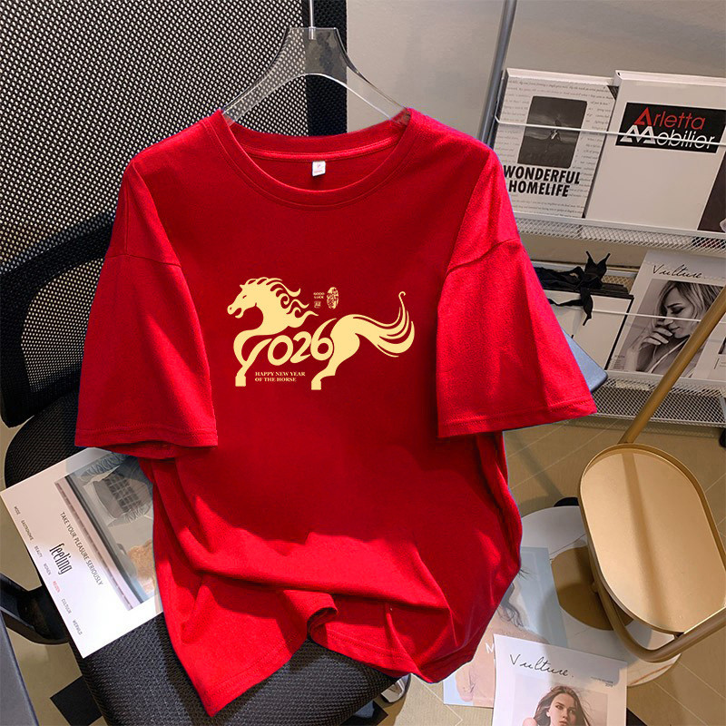 220G ผ้าฝ้าย 100%SI เสื้อยืดผ้าฝ้ายแท้สีแดงสไตล์ใหม่สําหรับผู้หญิง - เหมาะสําหรับปีฤดูม้า