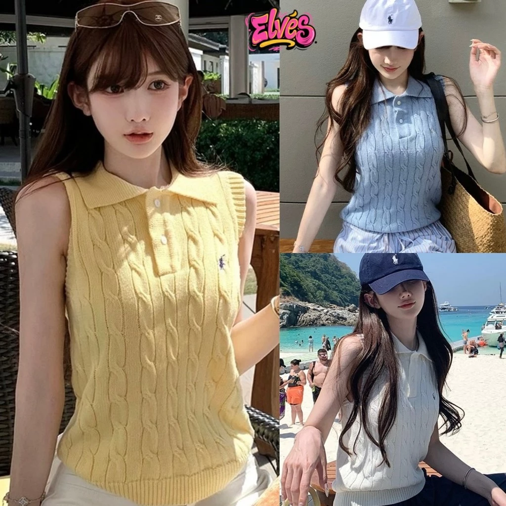 Elves พร้อม💟 เสื้อแฟชั่น ผ้าถัก เสื้อกล้ามไหมพรม คอปก สไตล์เกาหลี สีพาสเทลใส่ง่าย เสื้อกล้ามผู้หญิง"W-J074"