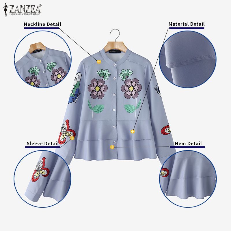 ZANZEA ซานเซีย ผู้หญิงเกาหลีลําลองยืนปกแขนยาวหลวมพอดีดอกไม้พิมพ์ลายนัวเนียเสื้อด้านบน — صورة 7