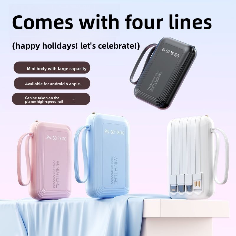 20000mAh Power Bank with 4 Built-in Cables - Ultra Thin Portable for All Phones