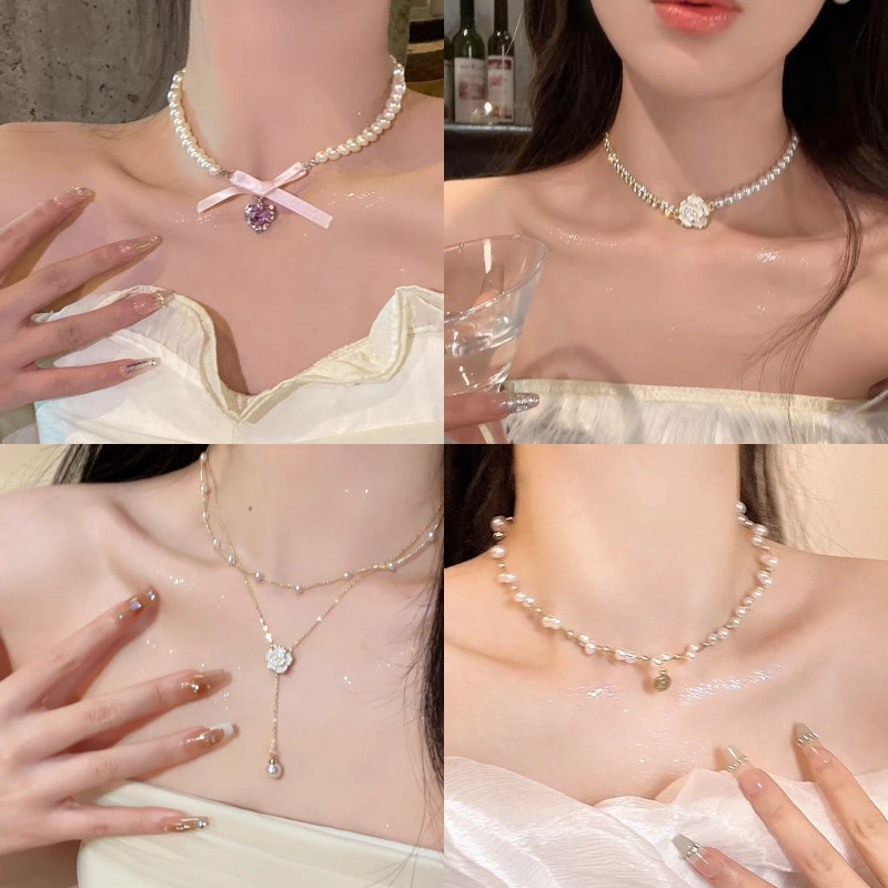 โบว์รักเลียนแบบมุกจี้สร้อยคอสําหรับผู้หญิงฝรั่งเศสโรแมนติกหวานกระดูกไหปลาร้าโซ่ฮาราจูกุแฟชั่นเครื่องประดับ