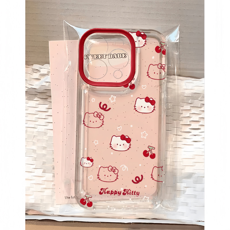 Cherry Kitty Red Frame เหมาะสําหรับ Apple 13 เคสโทรศัพท์ 16Pro การ์ตูน vivox200 โปร่งใส Redmi note14