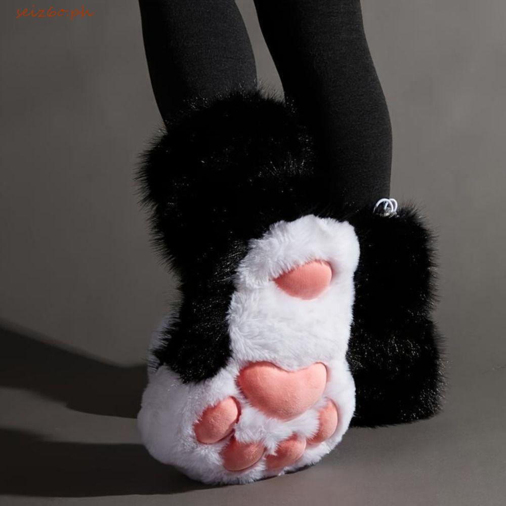SEIZ6O ฤดูหนาว Cat Paw รองเท้าแตะ, การ์ตูน Furry Plush Cat Paw รองเท้า, น่ารักขนาดใหญ่ Exaggerate Th