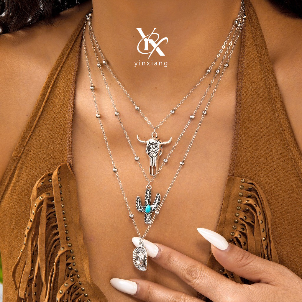 YX Western คาวบอยหมวกหมวกสร้อยคอ 3 ชิ้นชุด Y2K ที่ไม่ซ้ํากัน Layered เครื่องประดับของขวัญผู้หญิงอินเ
