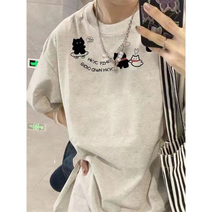 COD134 สไตล์พิมพ์รุ่น [200g] ผ้าฝ้าย 100% Combed เสื้อยืดแขนสั้นผู้หญิงฤดูร้อนหลวมรอบคอ Top Bottomin