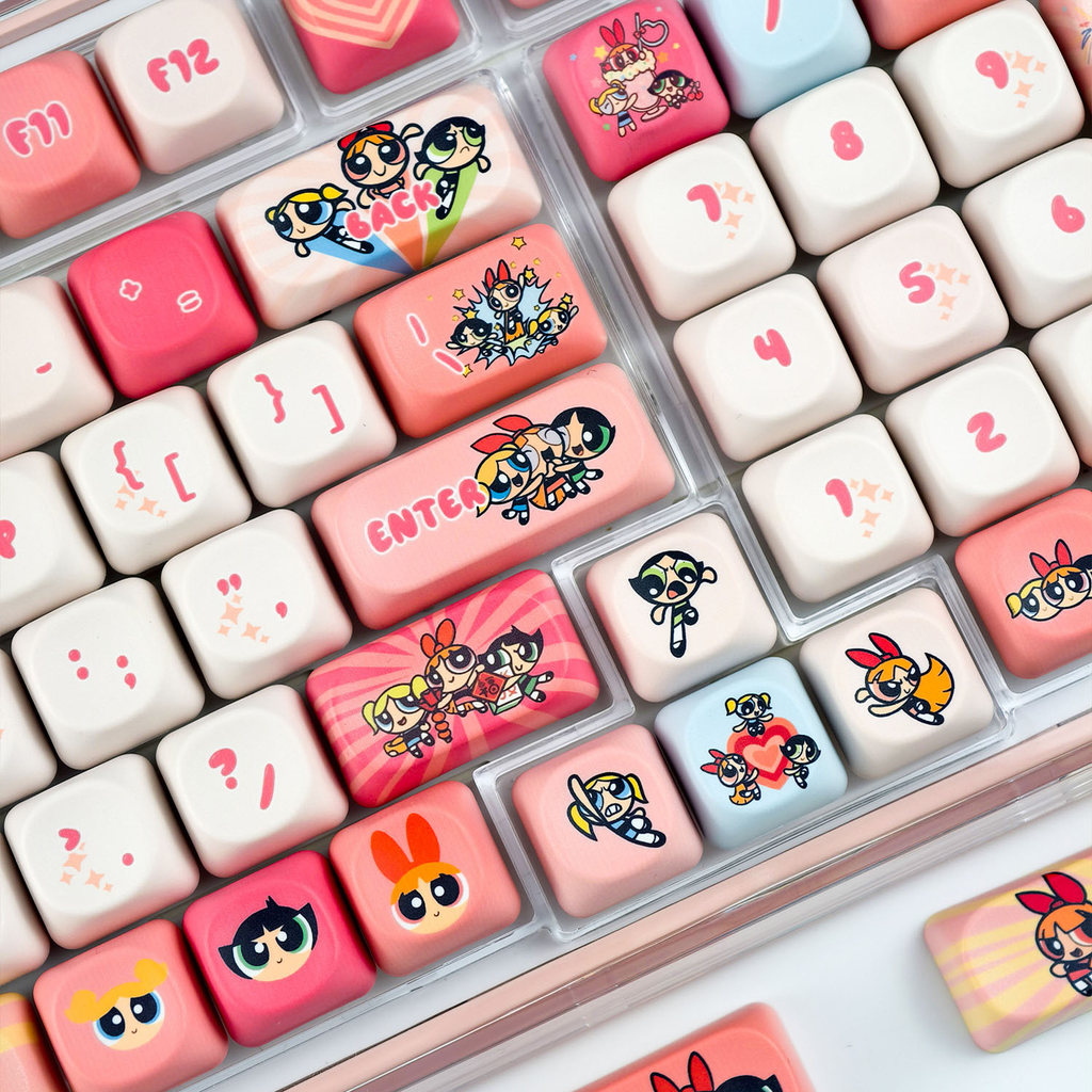 Powerpuff Girls Keycap MOA Profile 130 คีย์ PBT Dye Sublimation Aula F75 F99 RK100 Mechanical Keycaps รอบการ์ตูนสีชมพู Keycaps น่ารัก Blossom Bubbles Buttercup Keycap