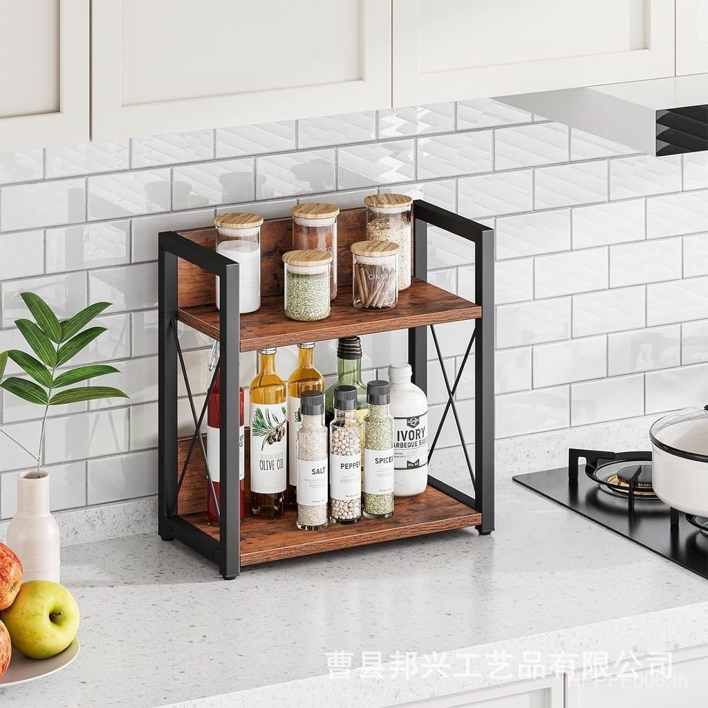 ไม้สองชั้นชั้นวางจัดเก็บรวมห้องน้ําเหล็กไม้จัดระเบียบชั้นวางเครื่องสําอางเคาน์เตอร์ครัวขวดปรุงรส QOS