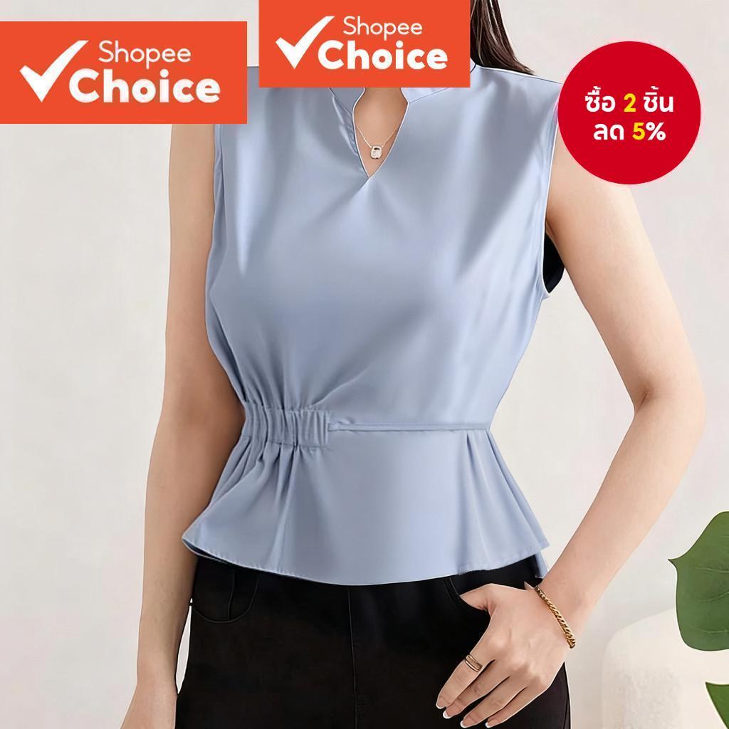 เสื้อลําลอง Lace Up ฤดูใบไม้ผลิ/ฤดูร้อนเสื้อสีฟ้าสําหรับผู้หญิง L142ED657 Blus Kasual Renda Up Musim