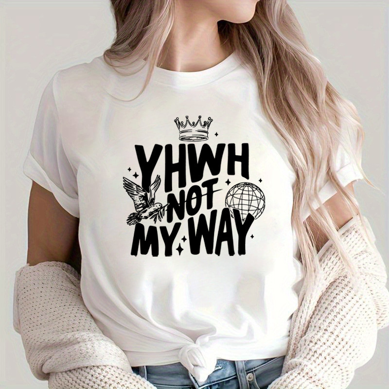 เกาหลี 2026 แหล่ง yhwh ไม่ใช่วิธีของฉันพิมพ์แขนสั้นสุภาพสตรีสบายๆฤดูร้อนสบายๆหลวมรอบคอ COD Q50H