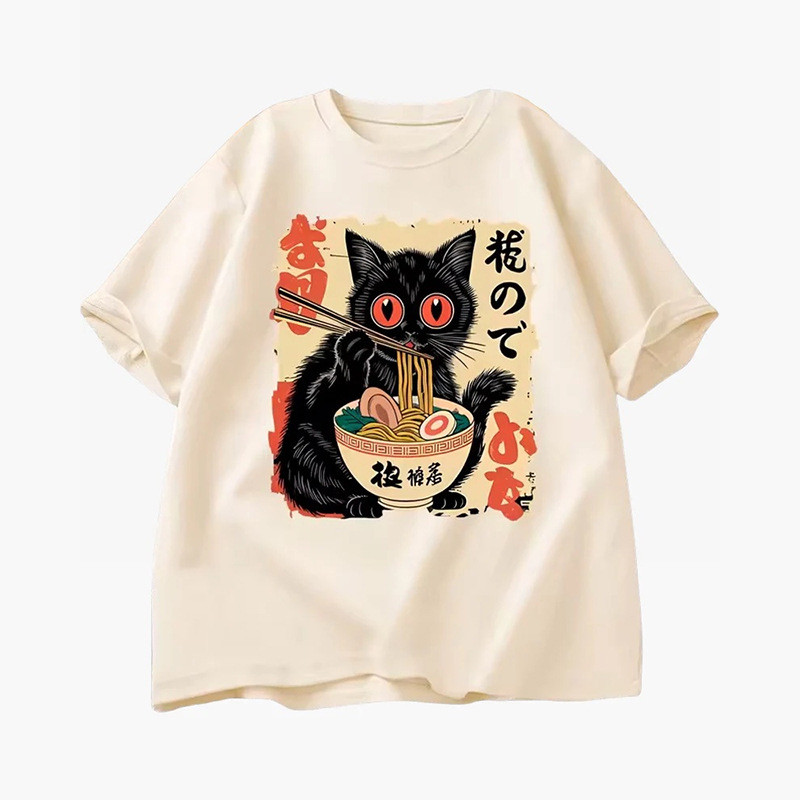 COD 2026 Noodles Cat Print Fun Short-Sleeved Unique Street Fashion Loose Sweatshirt เสื้อยืดผ้าฝ้ายแ