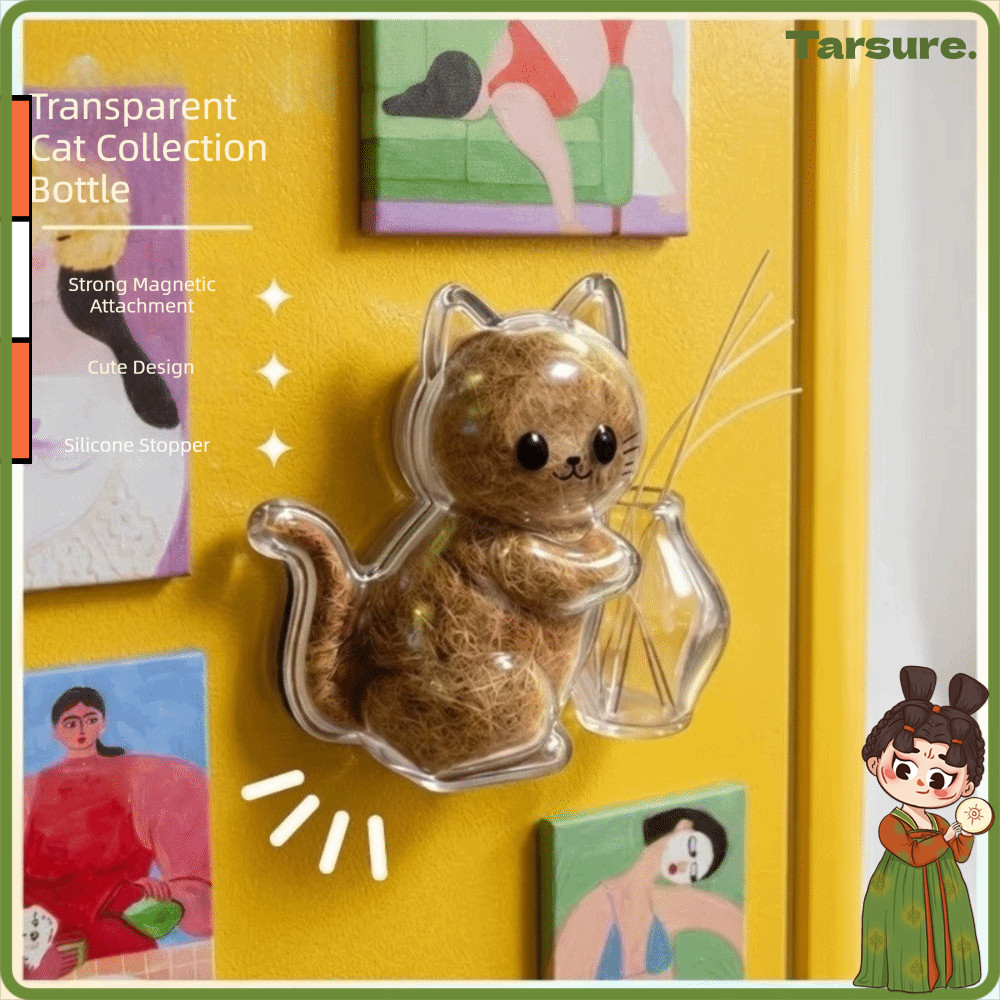 TARSURETH Cat Whiskers Collection เครื่องประดับ, แม่เหล็กโปร่งใส Cat Hair Storage Memorial กล่อง, การ์ตูนสร้างสรรค์แมว Pushing แจกันตกแต่งสําหรับตกแต่งบ้าน